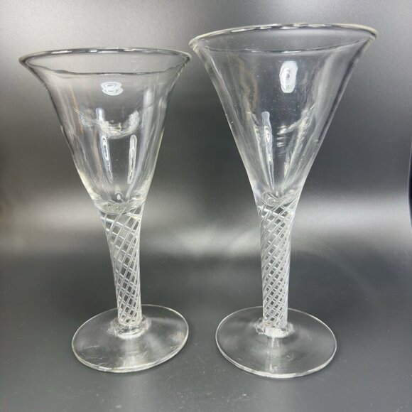 Antique Clear Hand Blown Air Twist Wine Glass Goblet Glasses Cups Set 2 Flutes - Picture 1 of 12